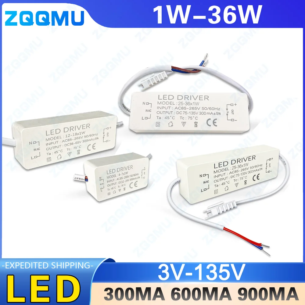 LED Power Transformer 1-3W 4-7W 8-12W 12-18W 18-25W 25-36W 300mA 600mA 900mA LED Lighting Accessories Driver With Plug Cable