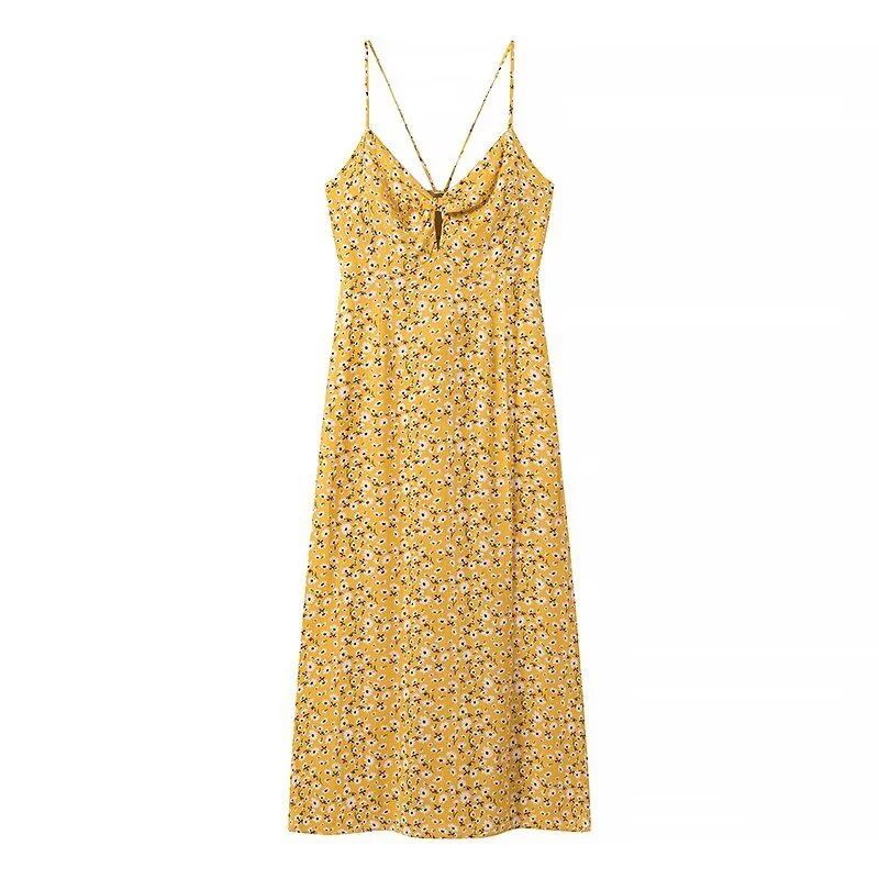 YENKYE-Robe à bretelles jaune à imprimé floral pour femmes, bretelles fines, col en V, A-ligne Midi, robes Boho de vacances pour femmes, robe à lacets, sexy, été