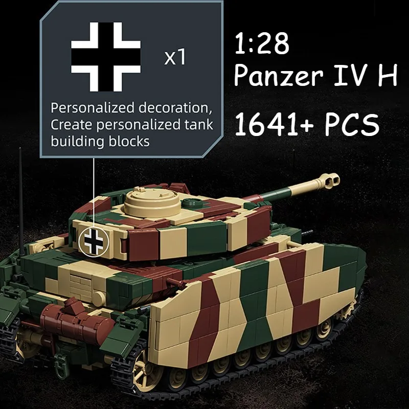 

Конструктор 1641+ деталей: Немецкий танк Панцер IV H времен Второй мировой войны, масштаб 1:28. Креативный коллекционный набор строительных блоков, развивающая модель, подарок.