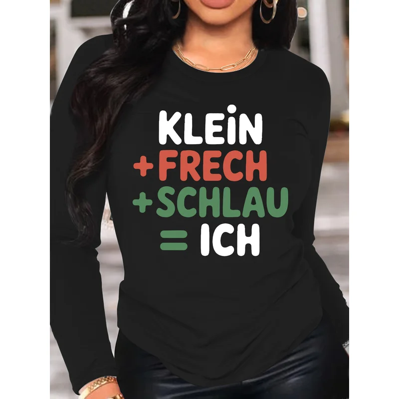Women's Long Sleeve T-Shirt Klein Frech Schlau Ich Funny German Slogan Equation Graphic Crew Neck Slim Fit Spring Fall Tops