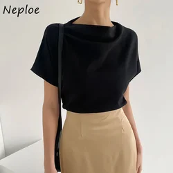 Neploe Summer Chic Simple Style Tees Femme Temperament Pile Collar Design Top Loose Wild Casual Solid Color Short Sleeve T-Shirt