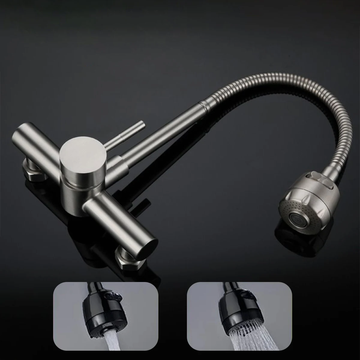 

Universal Wall Mounted Stainless Steel Kitchen Faucet Cold and Hot Tap 360 Degree Swivel Flexible Hose Single Handle Faucet