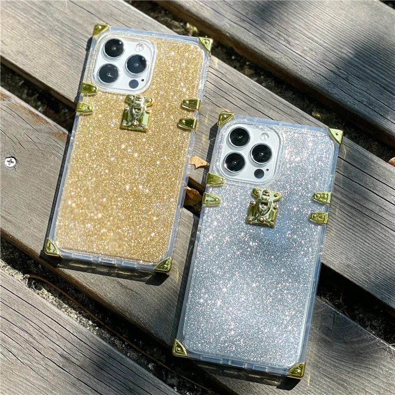 

Luxurious Glitter Glisten Square Phone Case For iPhone16 15 14 13 12 11 Pro Max 14 15 Plus Transparent Silicone Bling Cover