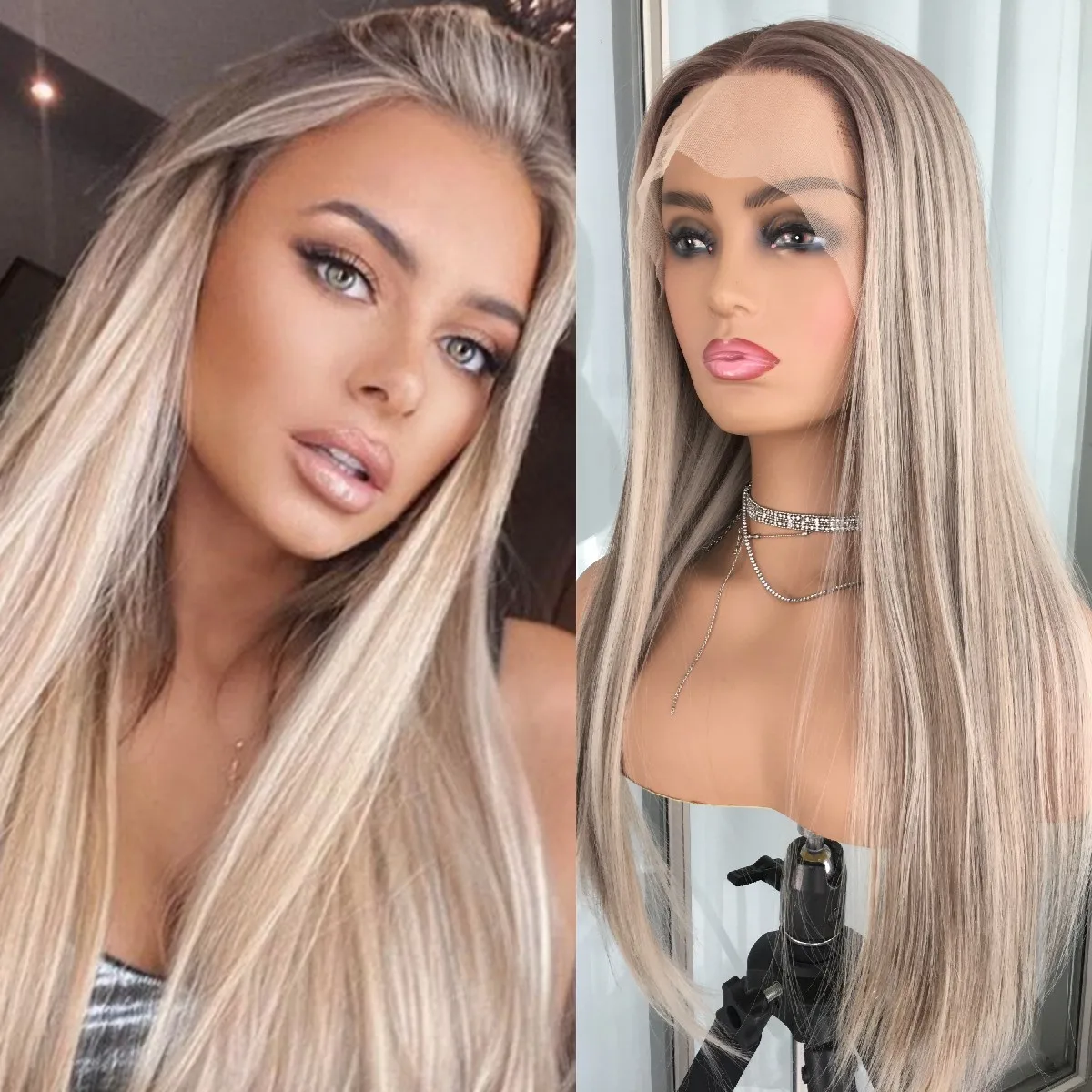 Straight Lace Front Wig for Women Highlight Blonde Platinum Glueless Synthetic Lace Front Wig Pre Plucked Transparent Lace Wigs