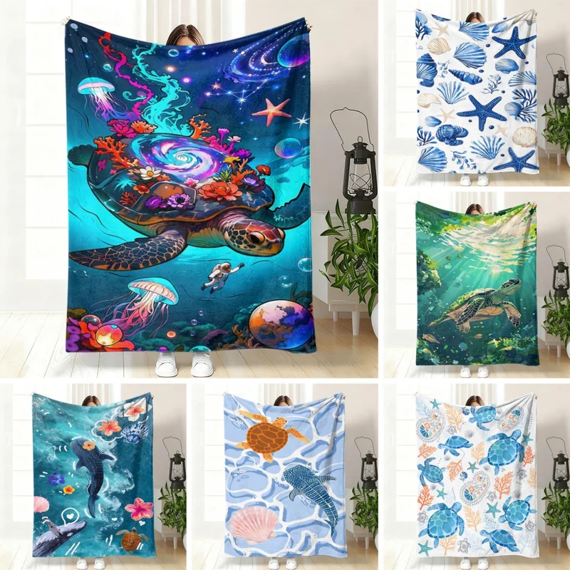 VIKAMA Marine Animal Flannel Throw Blanket Sea Turtle Whale Jellyfish Pattern Soft Warm Beach Bedroom Home Decor Gift