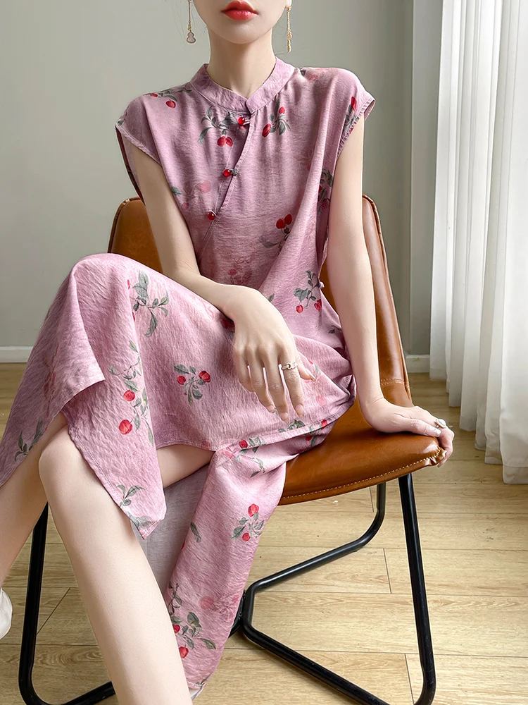 Novo chinês sle reformado dr feminino verão fino cetim impressão saia longa efeito de emagrecimento sob cerejeira