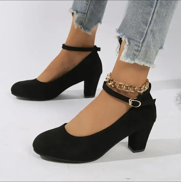 Women's Fashion Pumps Sweet Woman Thick High Heels Ankle Strap Flock Female Platform Mary Jane Women OL Shoes Ladies Footwear