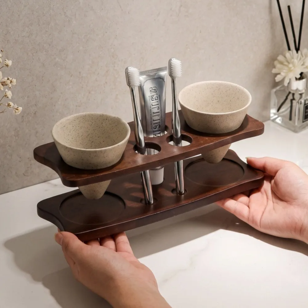 Double Mug Coarse Pottery Mug Bathroom Supplies Toothbrush Holder Wooden Storage Rack Drain Cup Toothpaste Storage Rack