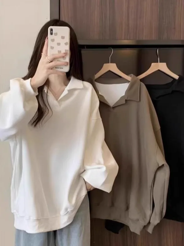 

Свободная толстовка оверсайз в корейском стиле с отложным воротником, весенняя одежда, универсальный топ для молодежи, скрывающий живот