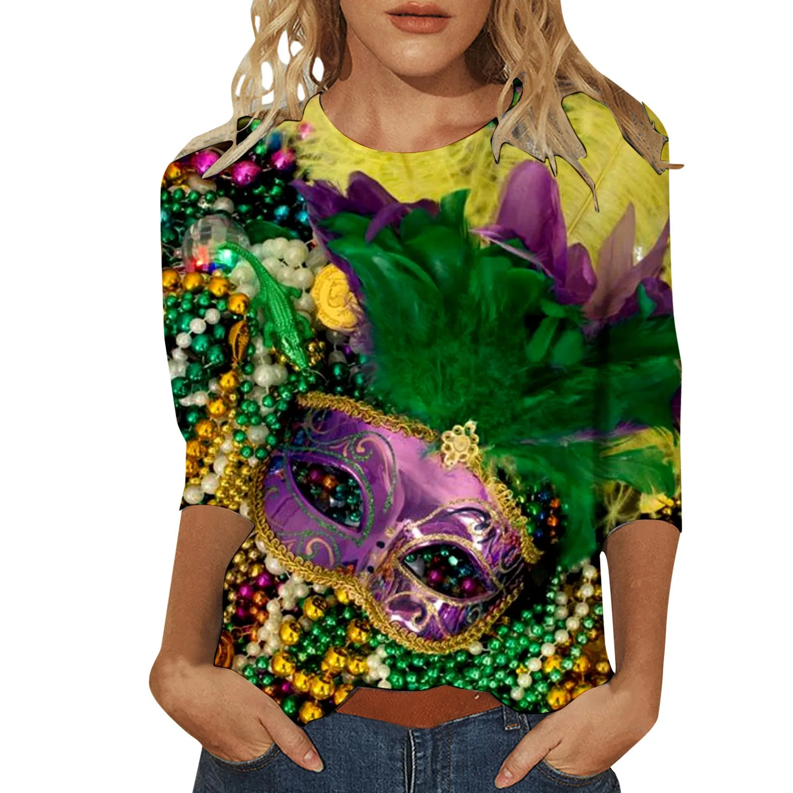 Carnival Printed Women Casual T-Shirts Spring Summer 3/4 Sleeve Round Neck Mardi Gras Clothing Plus Size Festival Party Tees Top