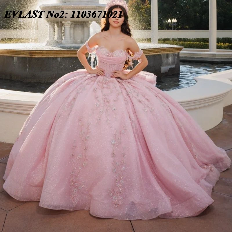 

EVLAST Customized Shiny Pink Quinceanera Dress Ball Gown Sequins Applique Beading Corset Bow Sweet 16 Vestidos 15 Anos E2QA186