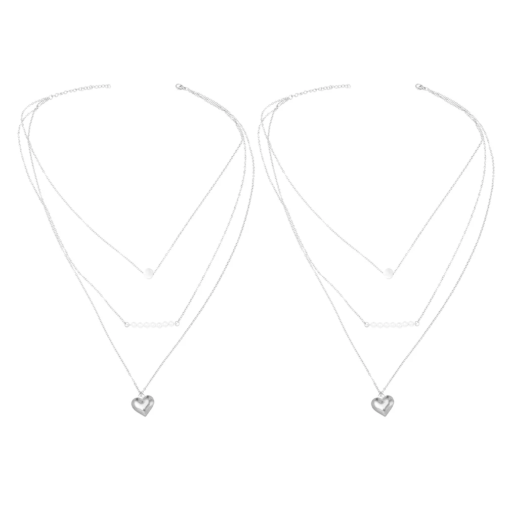 

2 PCS Clavicle Chain Pearl Heart Necklace Stainless Steel Dainty Pendant Jewelry