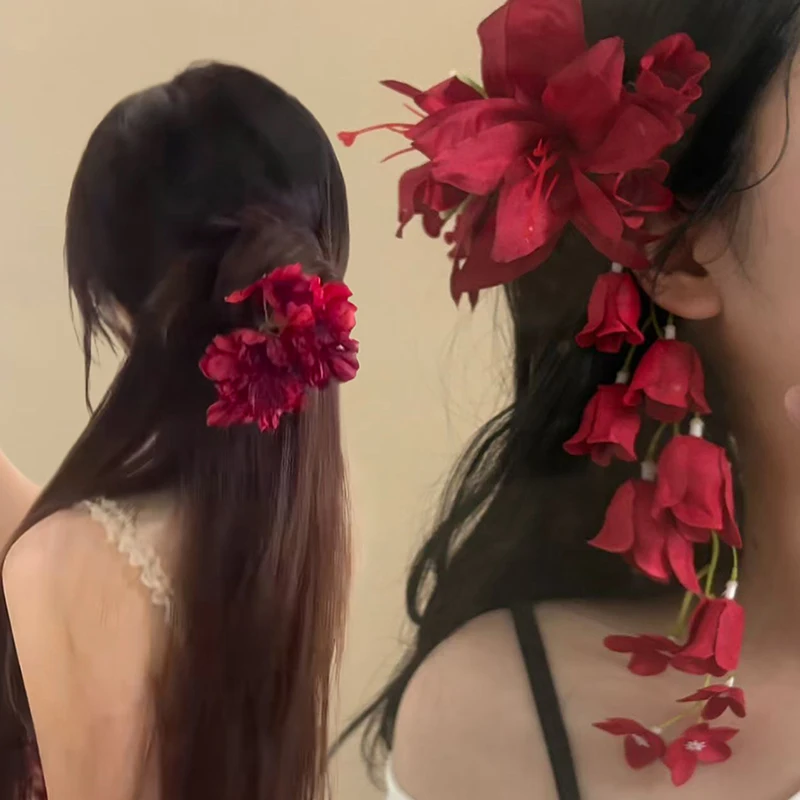 

Red Lily Of The Valley Lily Tassels Hairpins Flower Petal Duckbill Hairgrip Simulation Flower Girls Women Headdress Accessory