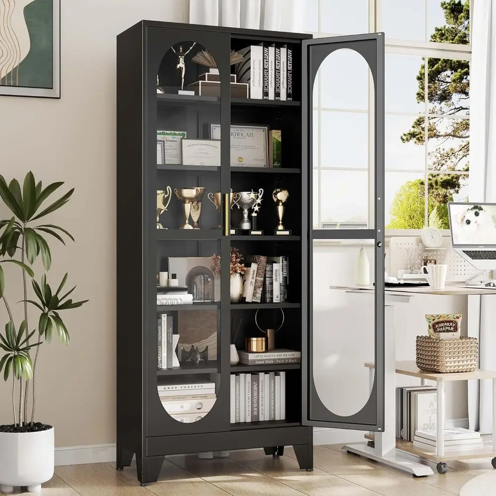 

75-дюймовый металлический запираемый шкаф для алкоголя с 5 регулируемыми полками, 6-ярусный высокий витринный шкаф для коллекционных предметов, для гостиной или коммерческого использования