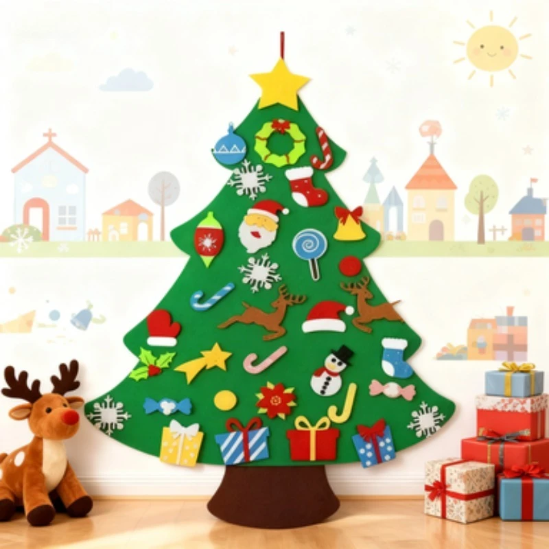 Kids DIY Montessori Wall Felt Christmas Tree for Children Baby Toys Toddlers Busy Board Xmas Tree Ornament Decorations