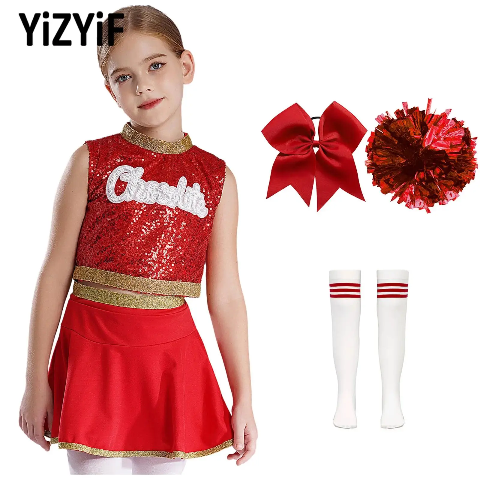 

Kids Girls Cheerleading Jazz Dance Outfit Cheerleader Performance Costumes Sleeveless Sequins Tops with Skirt Flower Balls