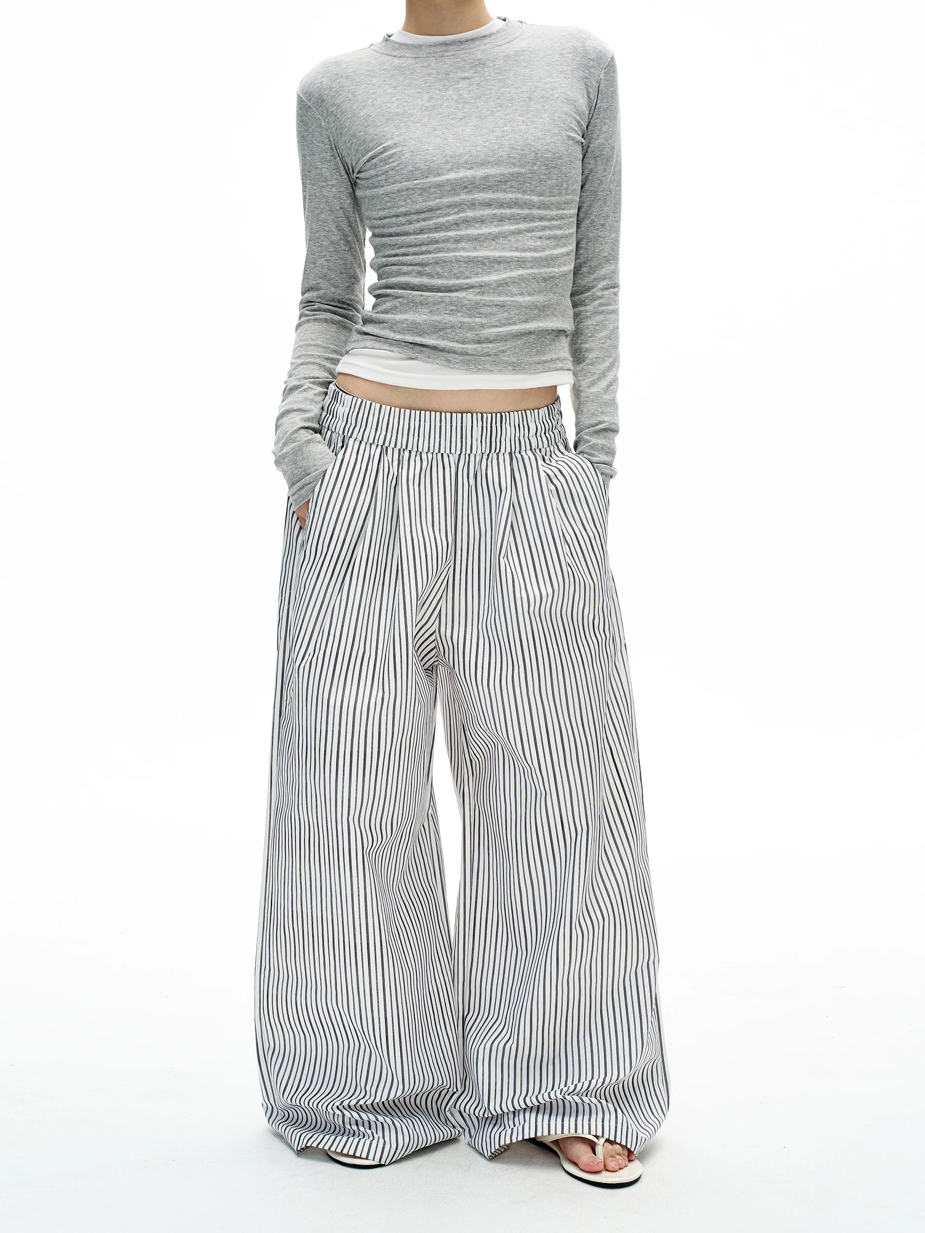 

MADWITCH Ретро ленивые полосатые повседневные брюки с эластичной резинкой на талии для мужчин и женщин, свободные широкие брюки для поездок на работу, универсальные модные прямые брюки