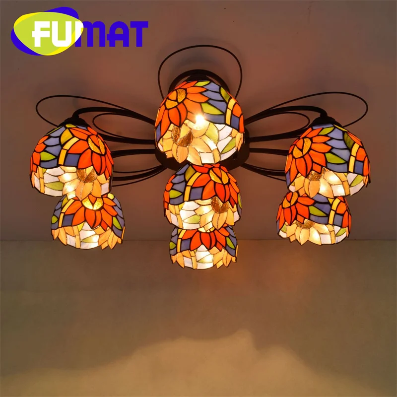 FUMAT Tiffany retro style Sunflower multi-head ceiling lights deco the living room dining room Bedroom bar hotel pendant light