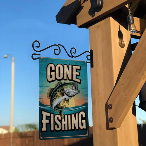 Gone Fishing Garden Flag Largemouth Bass Jumping Sunset Lake Yard Banner OOV IIC