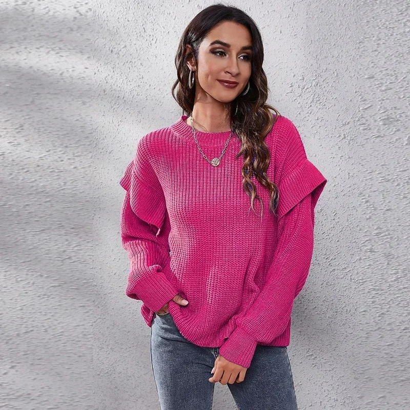 Ruffles Sweater Women Winter Sweater Long Sleeve Pullover Streetwear Casual O Neck Tops Female Chic Warm Hot Pink Knitted Jumper