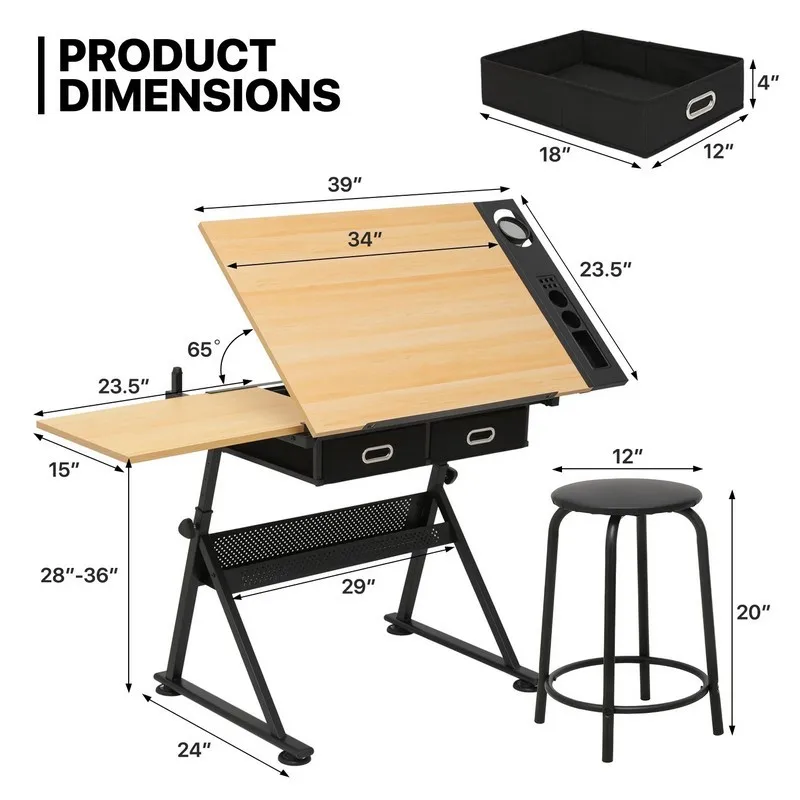 Adjustable Height Drawing Table for Painting, Art, Computer Design and Books, Artist Desk Workstation with Easel Stand