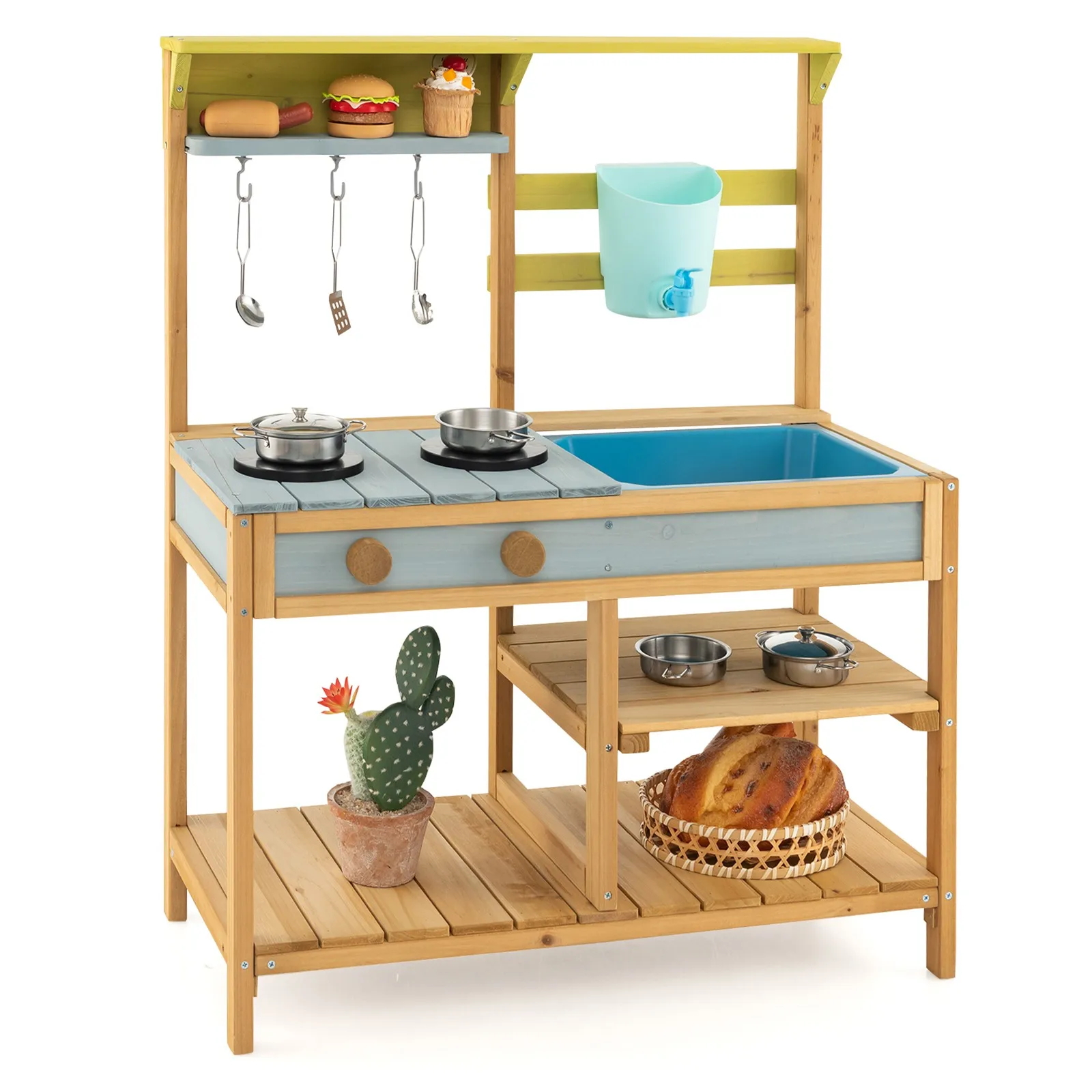 Wooden Play Kitchen Set, Outdoor Kid’s Mud Kitchen w/ Faucet & Water Box