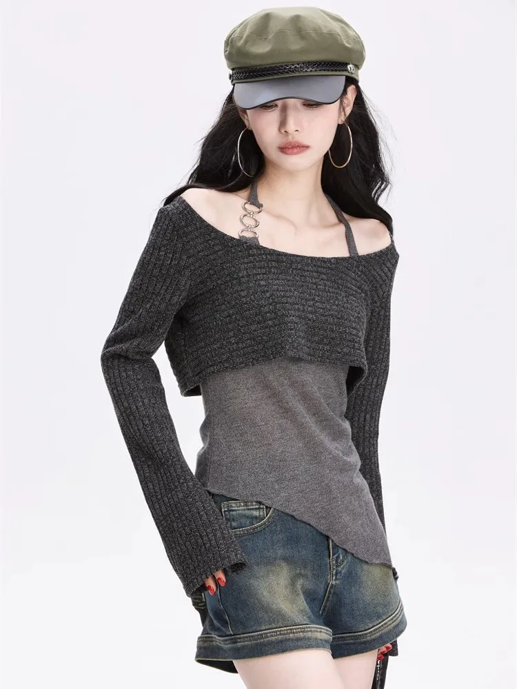 

Y2k Harajuku Vintage Thin Pullovers Contrast Color Irregular Design Tanks Long Sleeve Short Sweaters Autumn Slim Women Clothing