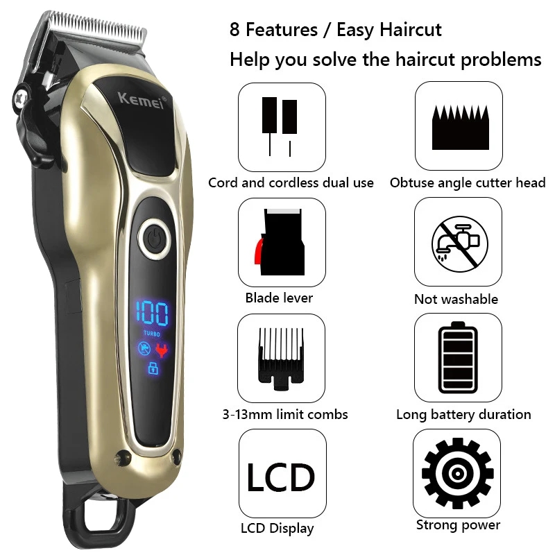 Kemei-Tondeuse à cheveux électrique sans fil pour hommes, tondeuse de barbier professionnelle, machine à couper les cheveux, USB aste, LCD