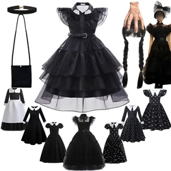 Baby Girls Wednesday Addams Cosplay Costumes Kids Black Mesh Gothic Dresses Carnival Halloween Party Clothing Children Vestidos