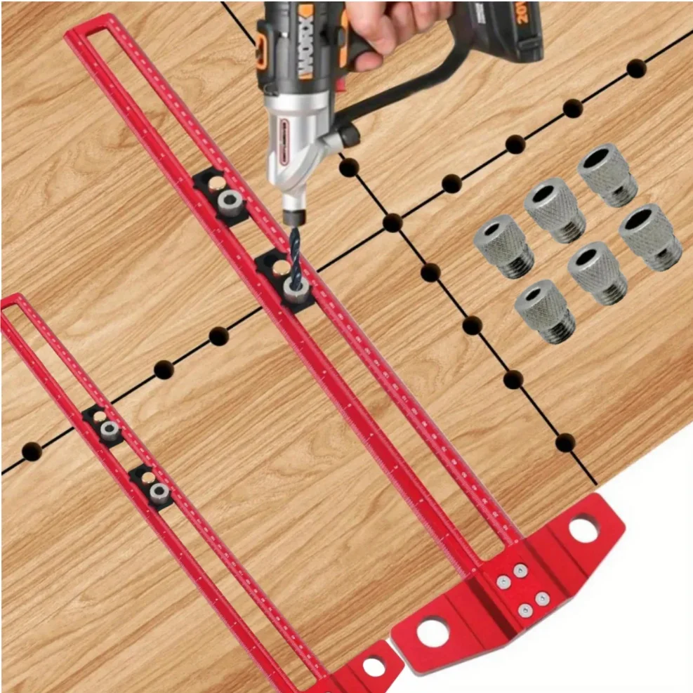 

2 in 1 Drilling Positioning Scoring Ruler, Aluminum Alloy Versatile Dowelling Jig W- 6/8/10mm Drill Sleeves and Activity Block