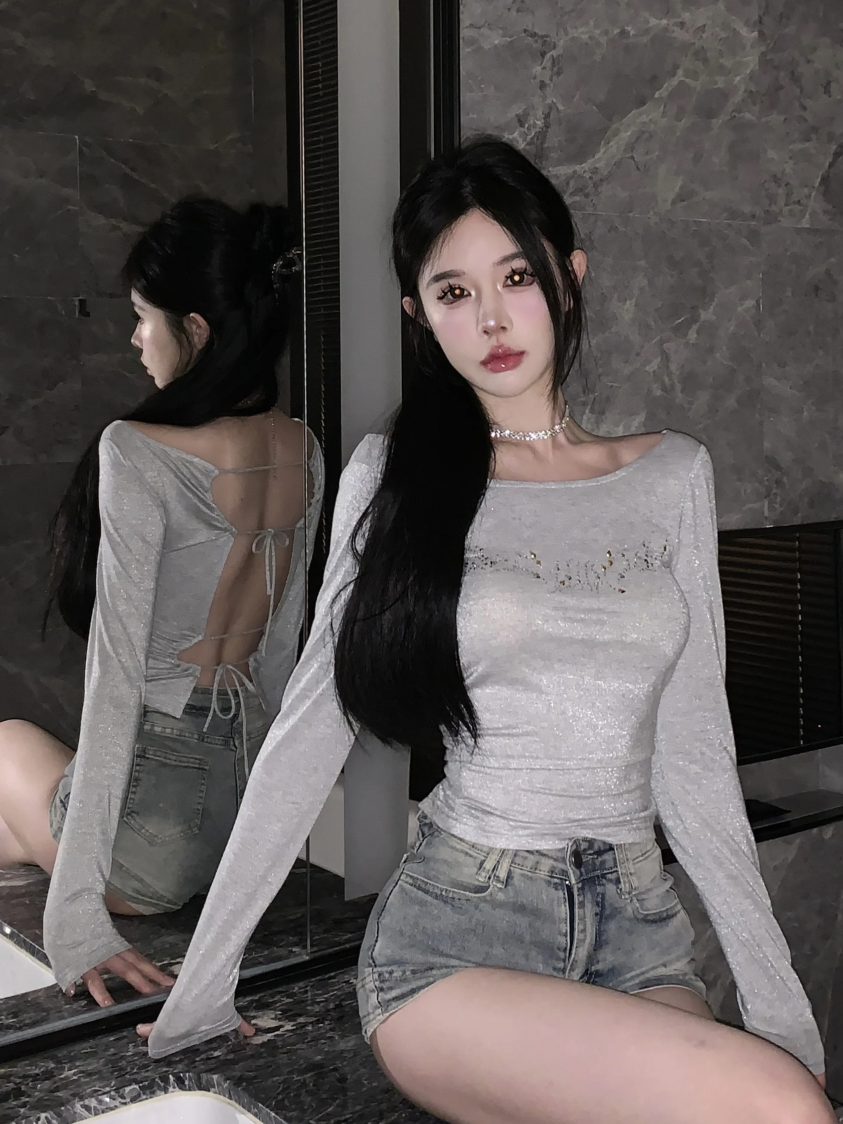 

Sexy Backless Hollow Strap T Shirt Autumn Winter Bottoming Shirt Round Neck Long Sleeve Women Tops