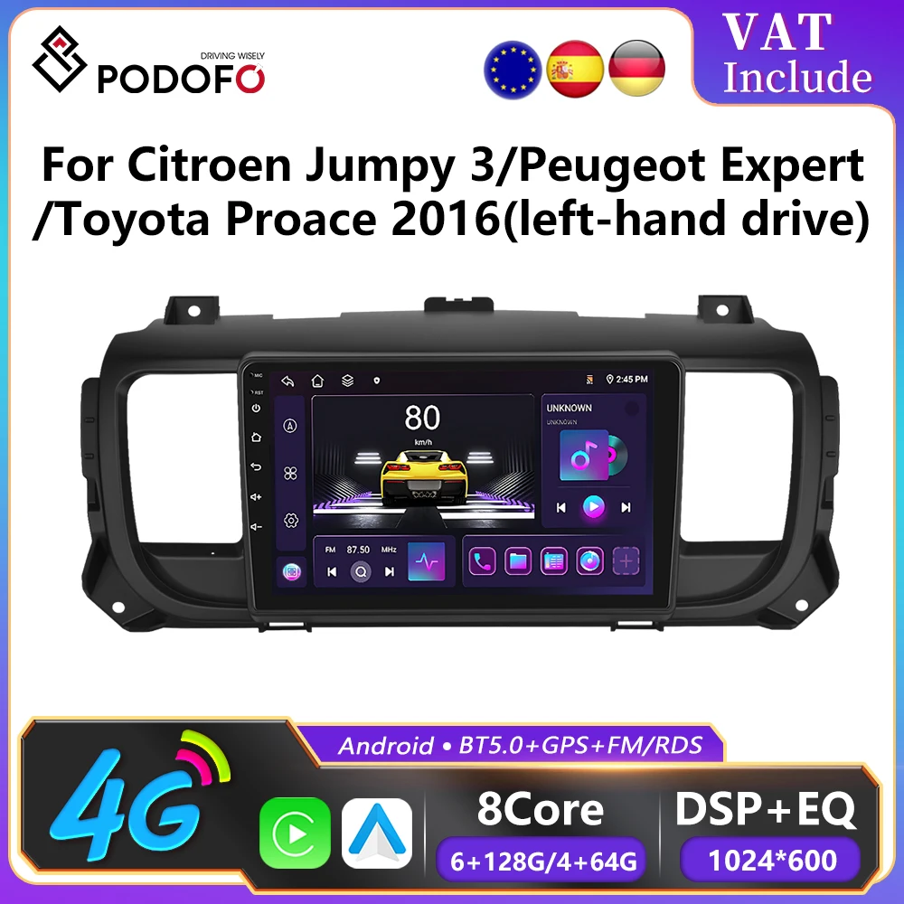 Podofo 6 + 128G CarPlay Android Auto Autoradio Per Citroen Jumpy 3/Peugeot Expert/Toyota Proace 2016 (LHD) Lettore Multimediale GPS