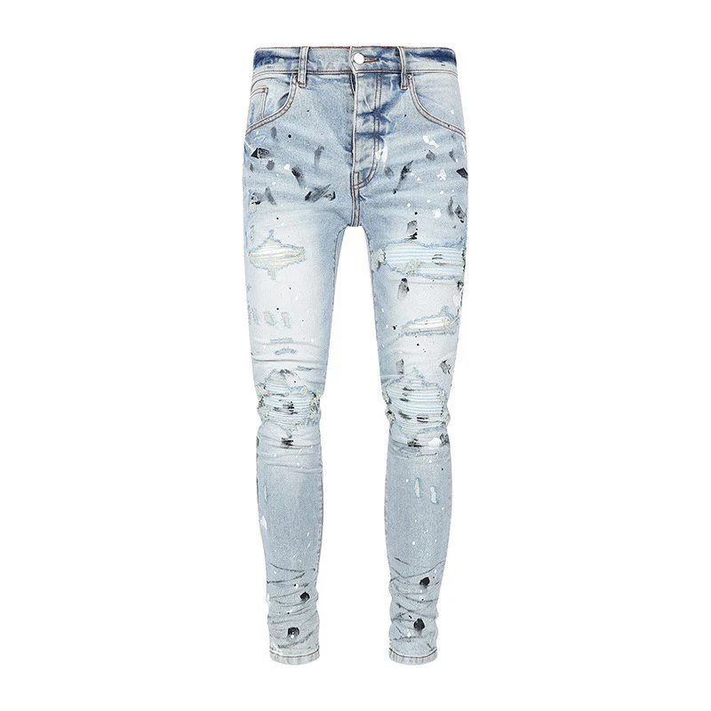 Y2k Designer's Fashionable New Men's Jeans, Painted, Washed, Nostalgic, Perforated Patch, Elastic, Slim Fit, Light Blue Jeans, H