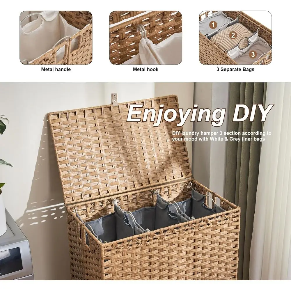 Large 190L 3-Section Rattan Laundry Hamper with Lids, 6 Removable Liners & 3 Mesh Bags, Natural, Easy Assembly