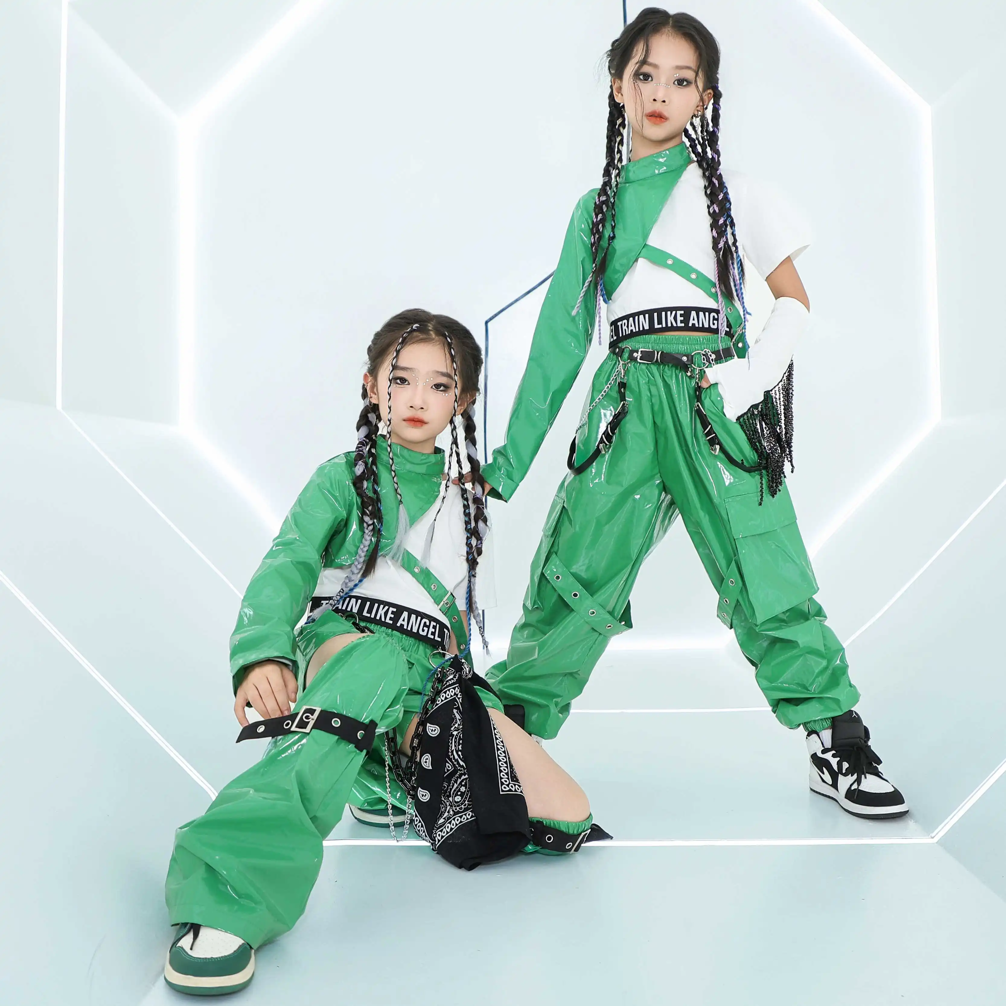 Jazz Dance Costume Girls Hip Hop Outfits Green Sleevs Pants Kids Street Dance Performance Clothes Group Stage Clothing BL14042