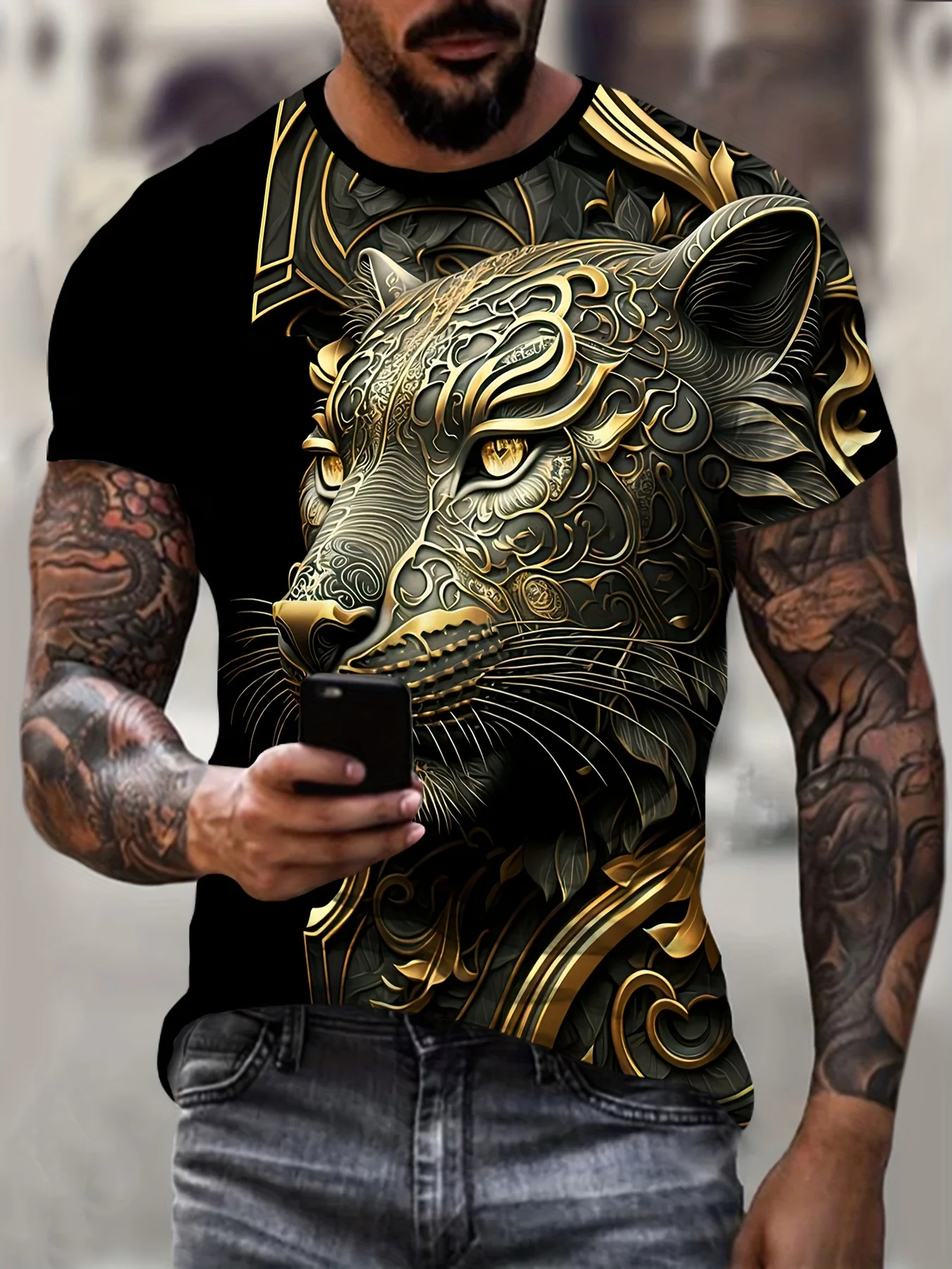 

Men's Golden Panther 3D Graphic Print Short Sleeve T-Shirt - Perfect for Summer Outdoor Activities