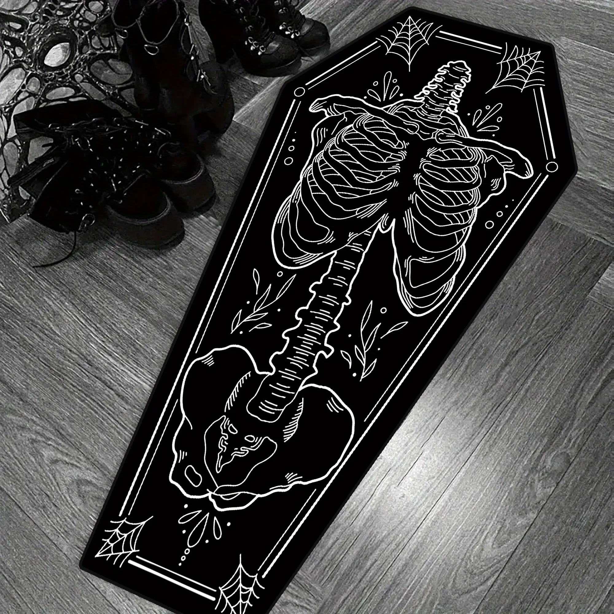 

VIKAMA Dark Style Coffin Shaped Carpet Gothic Skeleton Spider Web Living Room Bedroom Halloween Theme Party Decoration