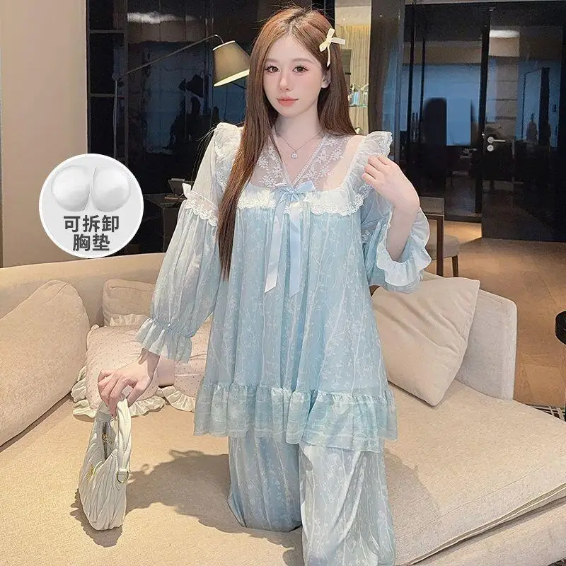 

New Hot Korean Style Pajamas Set Mesh Women Spring Autumn Comfortable Simple Long Sleeve Long Pants with Chest Pad Homewear