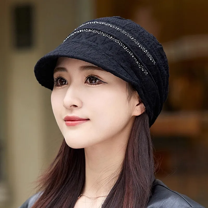 Lace Breathable Short Brim Bonnets for Women Loose Crochet Women Baseball Cap Autumn Winter Foldable Earflap Hats