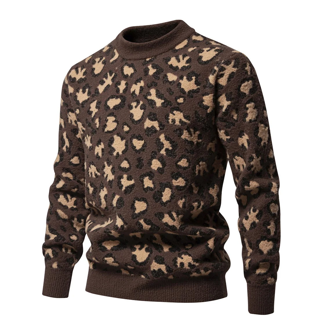 Autumn and Winter New British Mens Pullover Fashion High Street Leopard Print Stand-up Neck Mens Knitted Sweater