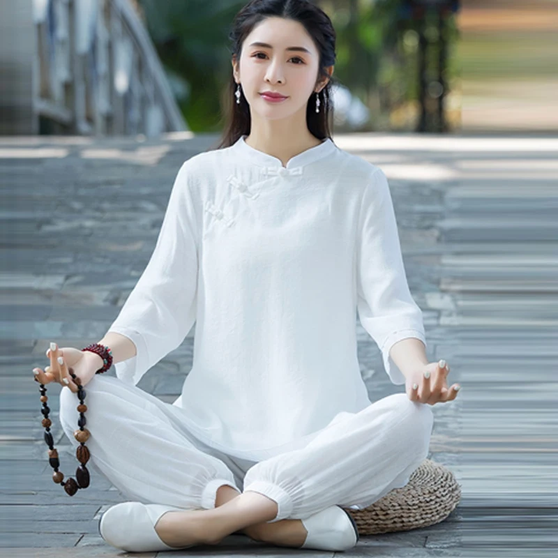 女性仏教服現代漢服若い中国風カンフー唐王朝衣装綿麻トップスとパンツストリートウェア