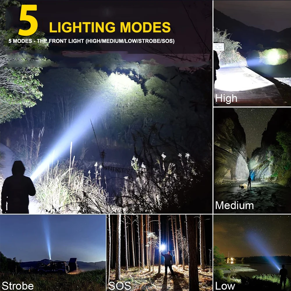 Rechargeable X2 LED Flashlight Zoom Super Bright Torch with 5 Lighting Modes high Lumen Tactical Flashlight for Camping Outdoor