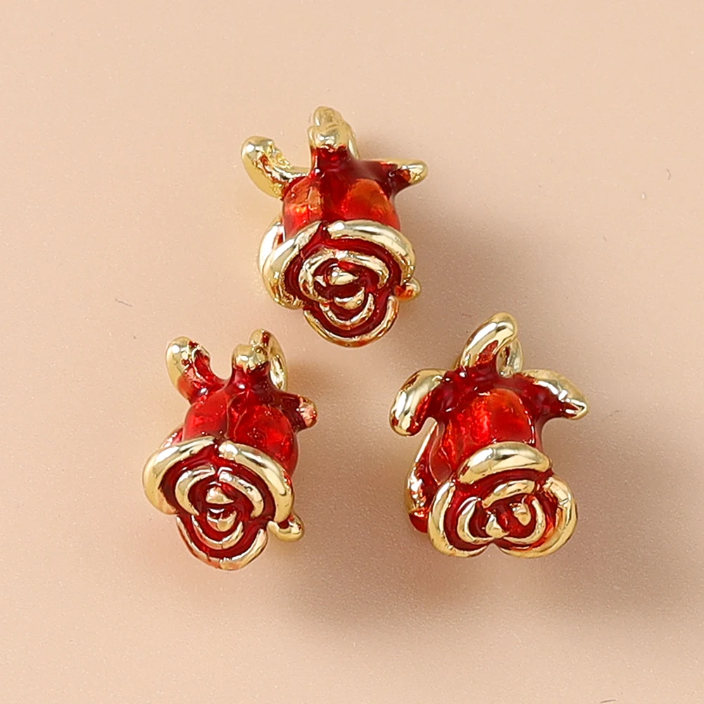 Leslie 5 Stück Emaille-Anhänger aus Legierungsmetall mit roten Rosenblüten für DIY romantische Rosen-Ohrringe für Damen, Schmuckherstellung, Zubehör – Detail 7