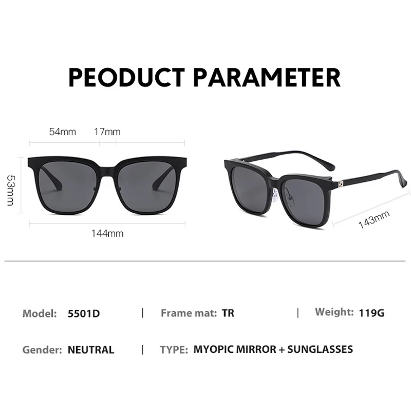 VCKA 6 In 1 Men Women Polarized Myopia Sunglasses Big Frame Optical Square Magnet Clip Custom Prescription Glasses -1.0~-6.0