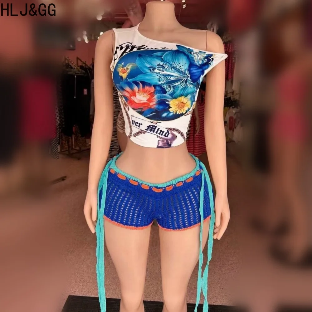 HLJ&GG Trend Y2K Knitting Hollow Bandage Shorts Two Piece Sets Women One Shoulder Print Crop Top And Shorts Outfits Streetwear