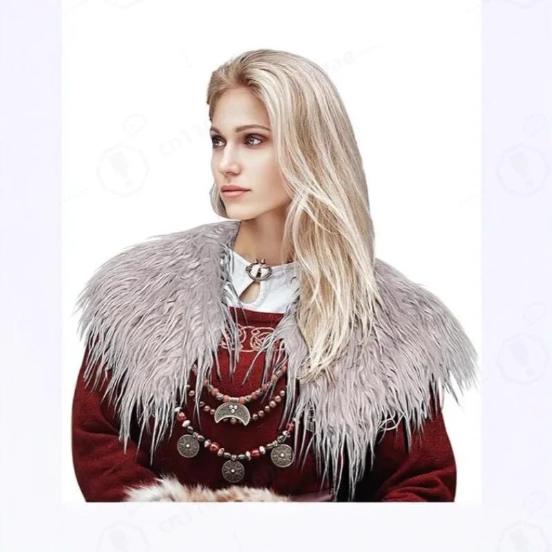 Women Viking Warrior Faux Wool Collar Cape Scarf Wrap Queen Shoulder Shawl for Halloween LARP Renaissance Carnival Cosplay