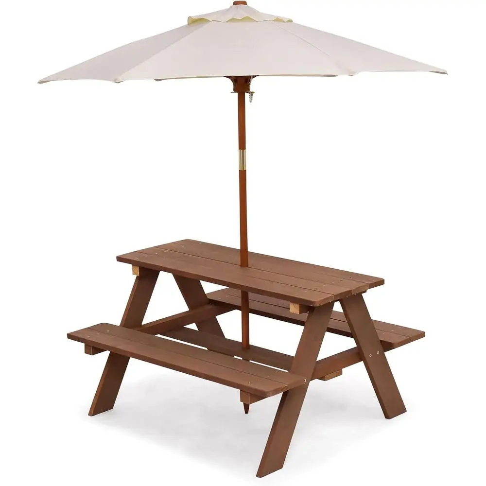 

Wooden Kids Picnic Table and Bench Set with Detachable Umbrella, Ideal for Outdoor Patio, Backyard, or Garden Play (Natural)