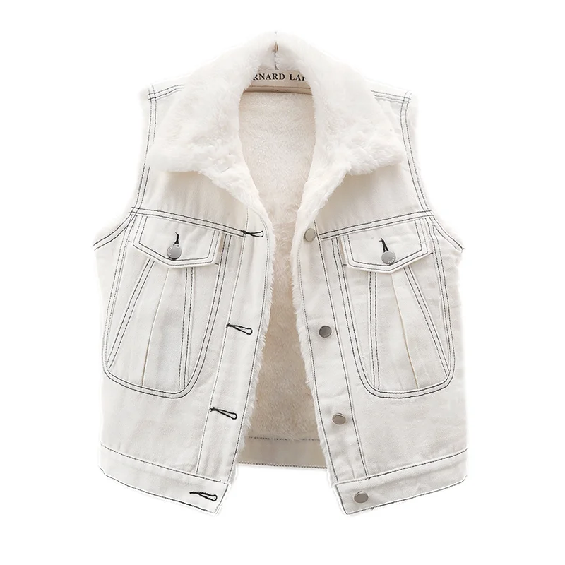 Konijn Haar Fluwelen Voering Denim Vest Vrouwen Korte Cowboy Vesten Winter Dikke Beige Grote Zak Mouwloze Jeans Jas Vrouw