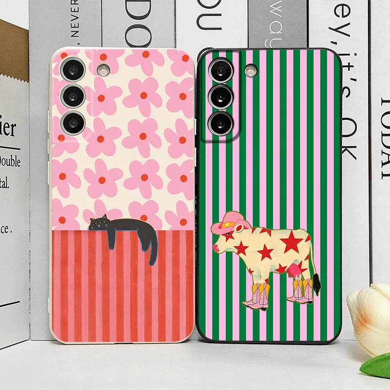 Simple Cute Striped Plaid Animal Printed Phone Case for Samsung Galaxy S26 S25 S24+ S23 Ultra S25+ S22 Plus S21 FE 5G Soft Cover