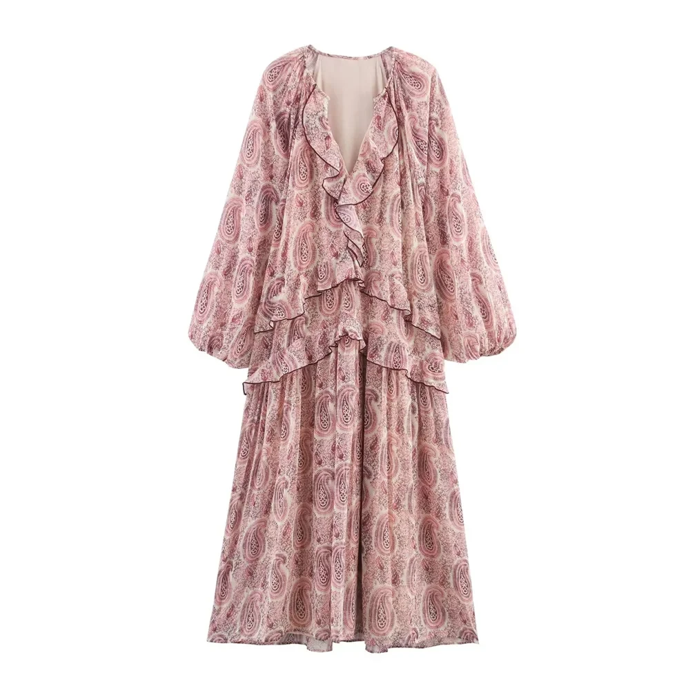 

Многослойное свободное платье с декоративным принтом и длинными рукавами с v-образным вырезом, летнее новое поступление, женская одежда